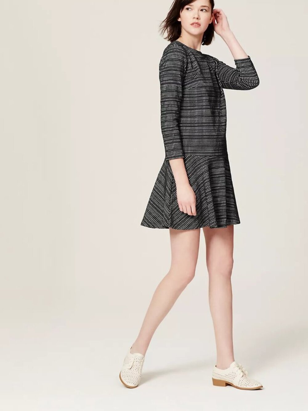 NWT Ann Taylor LOFT Size Large Black Cream Knit Flared Geometric Mini Dress NEW